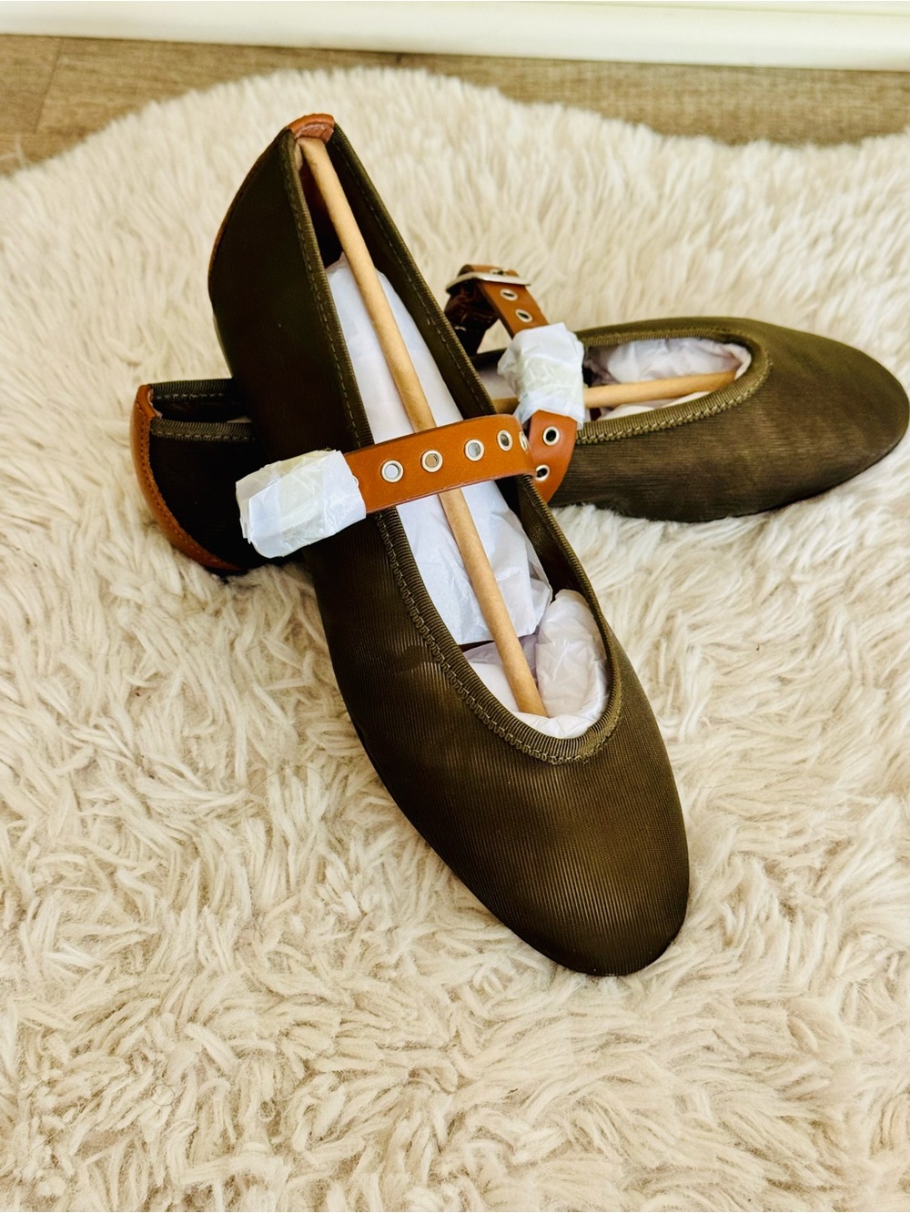 Madewell Olive Green Remy Mary Jane Flats with Tan Strap- NIB Safari Khaki
